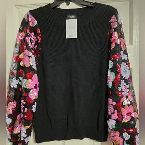 Fate Women's Black Sweater with Floral Sleeves